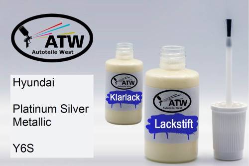 Hyundai, Platinum Silver Metallic, Y6S: 20ml Lackstift + 20ml Klarlack - Set, von ATW Autoteile West.